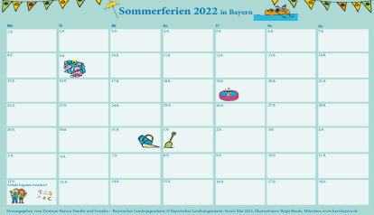 Kalender mit Feldern auf einem Blatt mit allen Ferientagen in den Sommerferien 2022