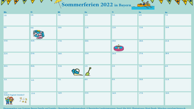 Kalender mit Feldern iauf einem Blatt mit allen Ferientagen in den Sommerferien 2022