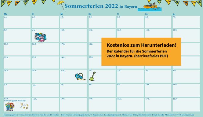 Sommerferien Kalender 2022 mit Hinweis zum kostenlosen Herunterladen