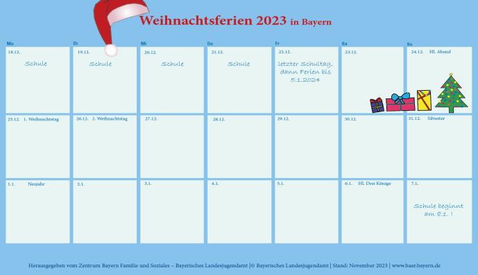 Weihnachts-Ferienkalender 2023 für Bayern mit den Kalendertagen 18.12. bis 7.1.