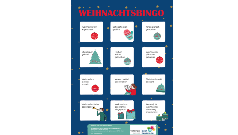 Weihnachtsbingo, ein Spiel mit 12 Feldern, die angekreuzt werden
