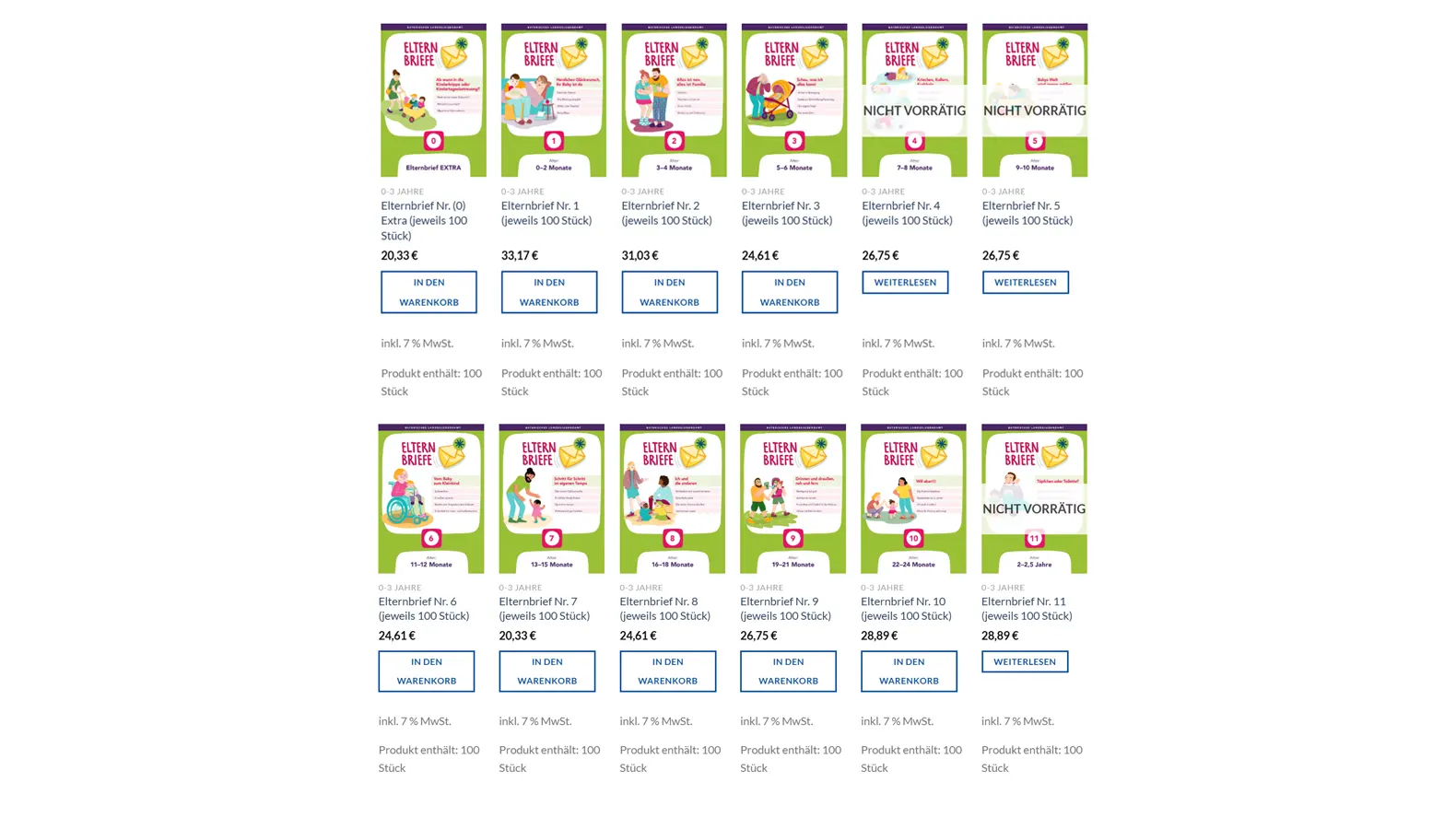 Abbildung des Online Shop zum Bestellen der Elternbriefe