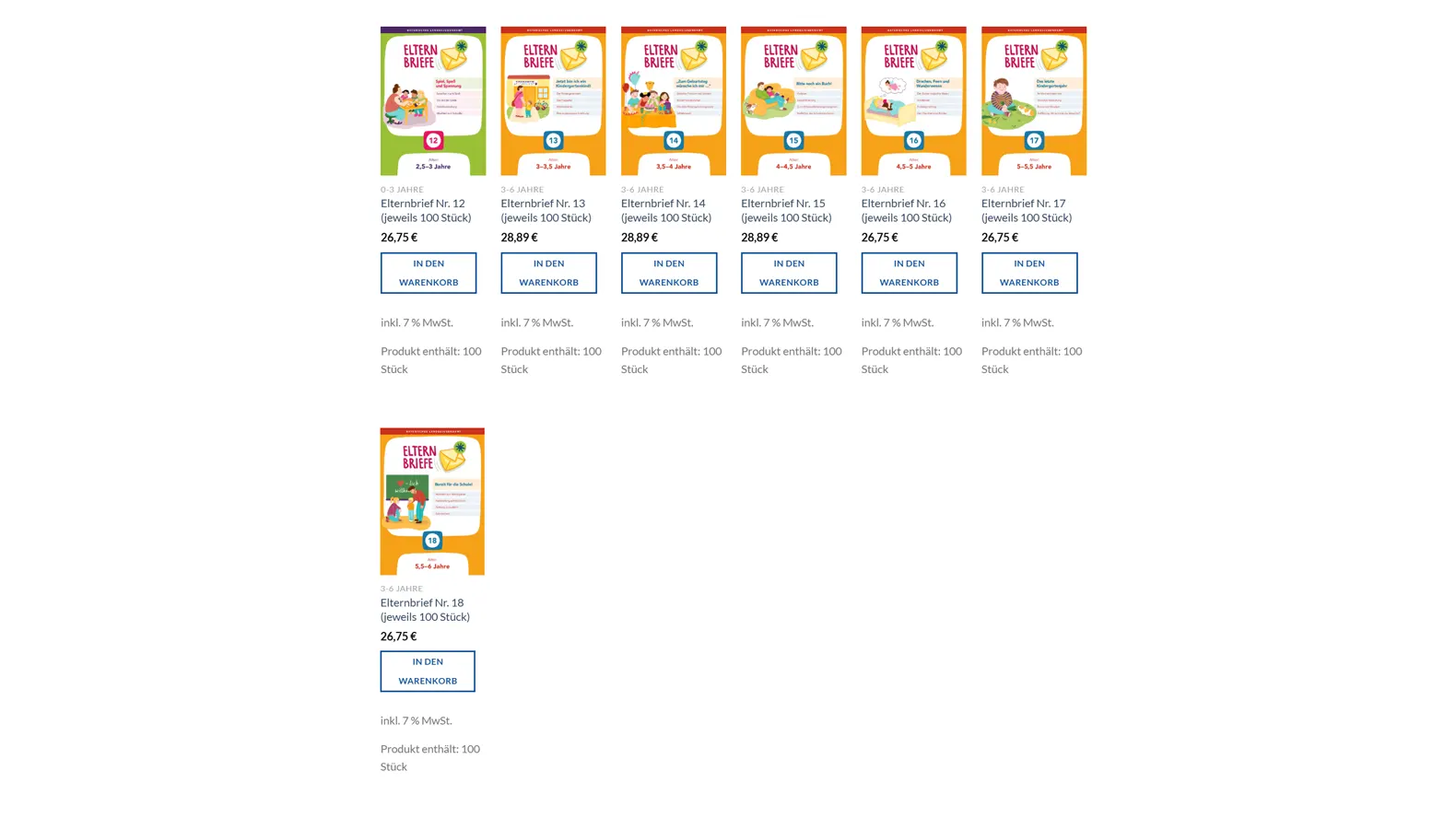 Abbildung des Online Shop zum Bestellen der Elternbriefe Ausgaben Alltagssprache