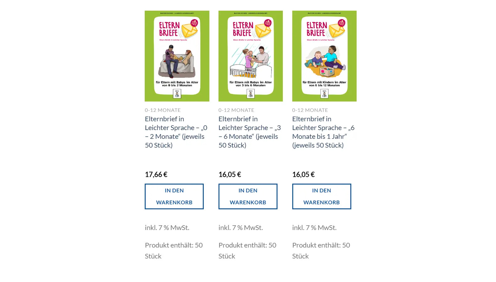 Abbildung des Online Shop zum Bestellen der Elternbriefe in Leichter Sprache nach Alter