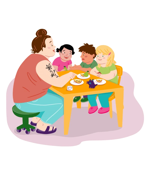 Illustration Erzieherin sitzt mit drei Kindern an einem Tisch beim Spielen