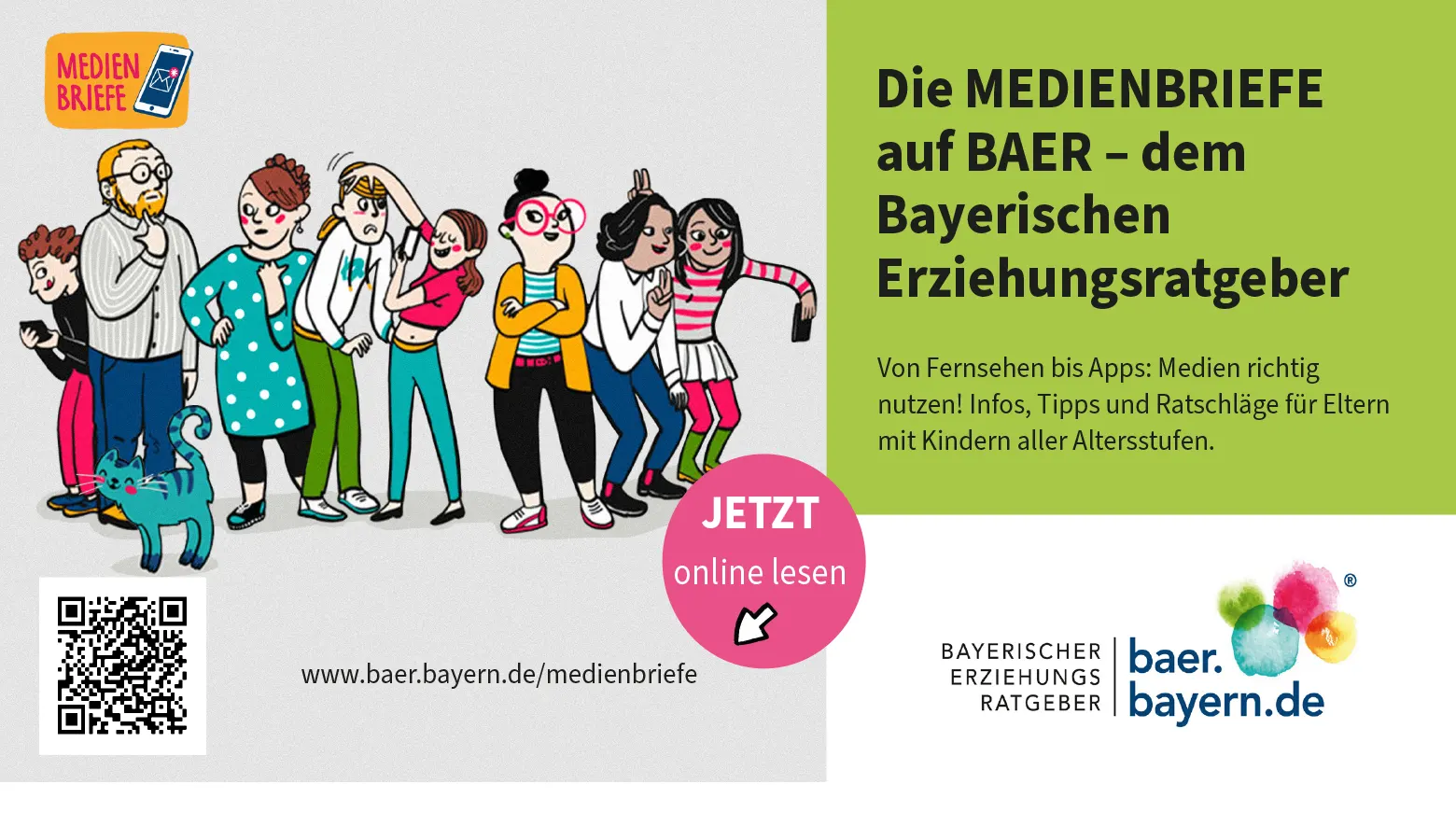 Werbeflyer mit Illustrationen aus den Medienbriefen, QR Code und Logo BAER