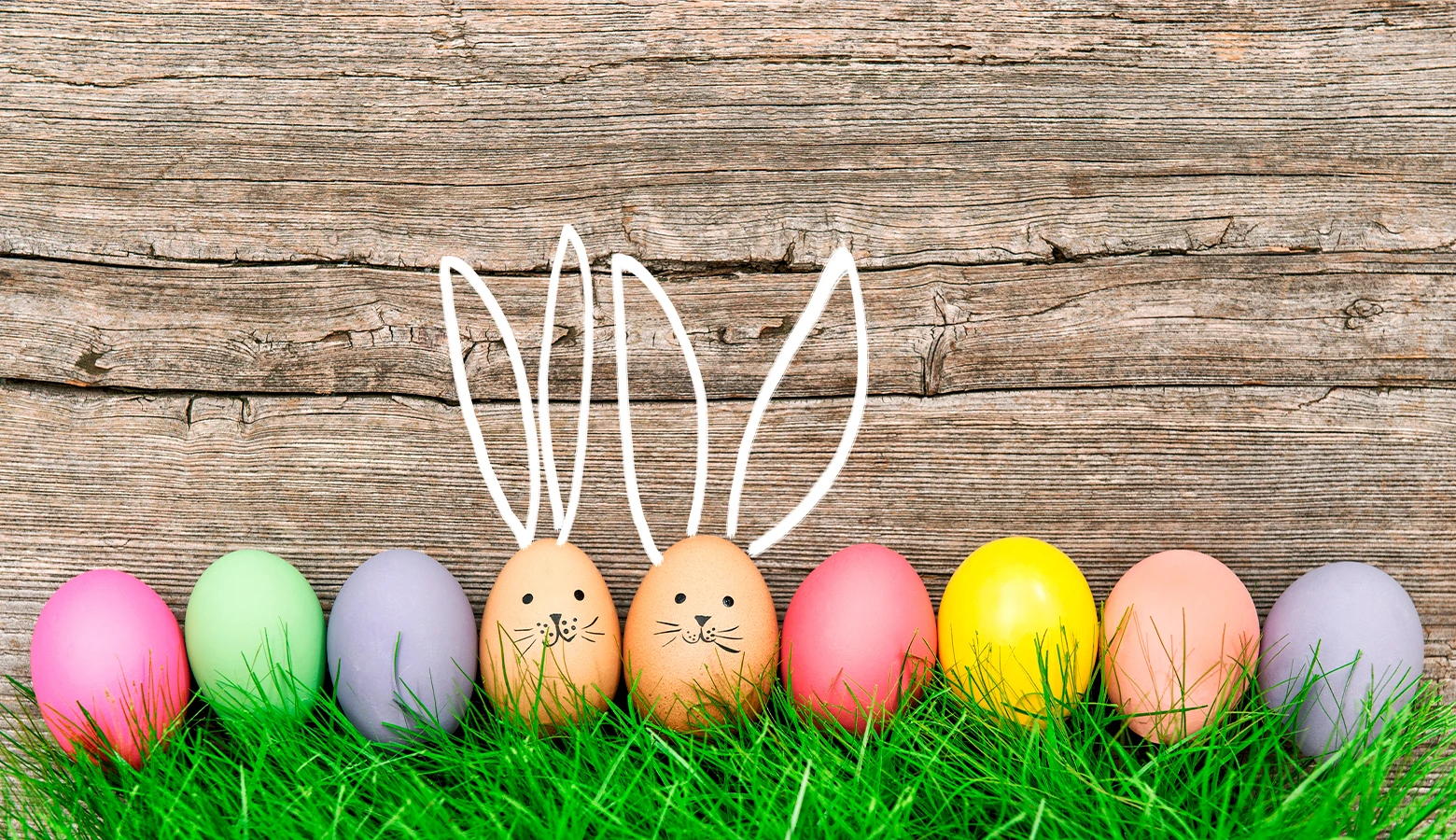 Foto: Neun bemalte Ostereier lehnen an einer Holzwand.