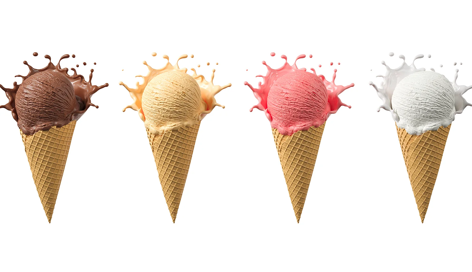 Vier Eiswaffeln mit 4 verschiedenen Eissorten Schokolade, Vanille, Erdbeere, Zitrone