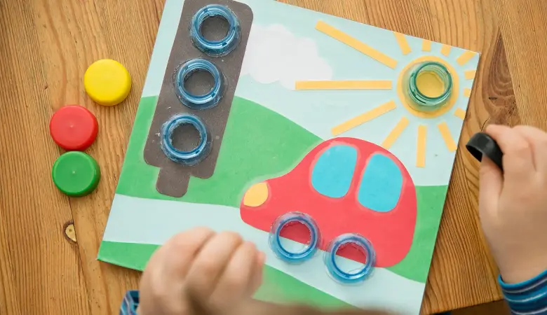 Ein Puzzel für Kinder mit einer Ampel, ein Auto und einer Sonne