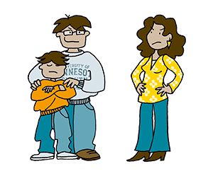 Illustration: Junge mit Eltern am diskutieren