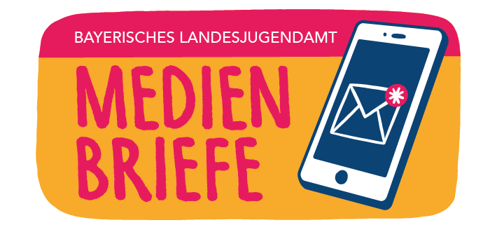 Logo Medienbriefe mit Schriftzug und Illustration eines Smartphone mit Hinweis Bayerisches Landesjugendamt