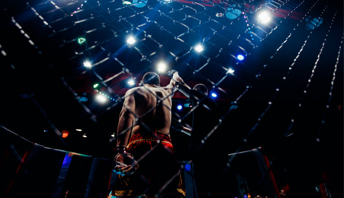 Foto: Wrestling Kämpfer steht in der beleuchteten Kampf Arena und streckt den rechten Arm nach oben