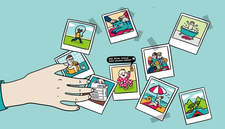 Illustration einer Hand, die nach Fotos greift