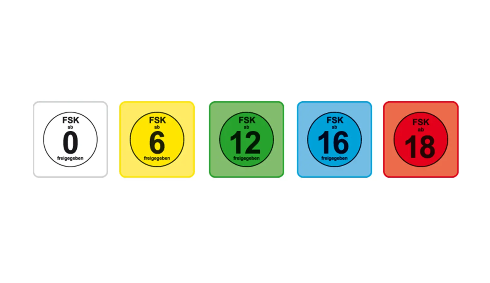 Farbigen Symbole der FSK Alterskennzeichen für 0, 6,12, 16 und 18 Jahre