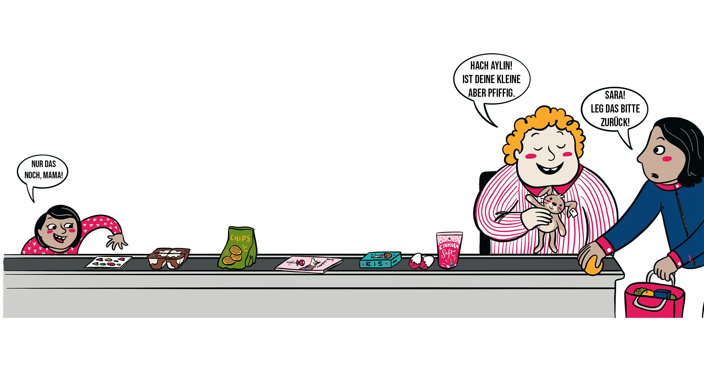 Illustration mit Aylin und Sara am Fließband an der Kasse im Supermarkt