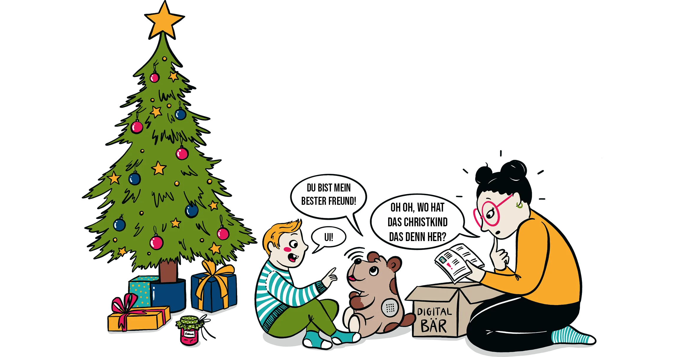 Illustration mit Tine und ihrem Neffen Leo. Tine liest die Gebrausanweisung eines digitalen Spieles durch.