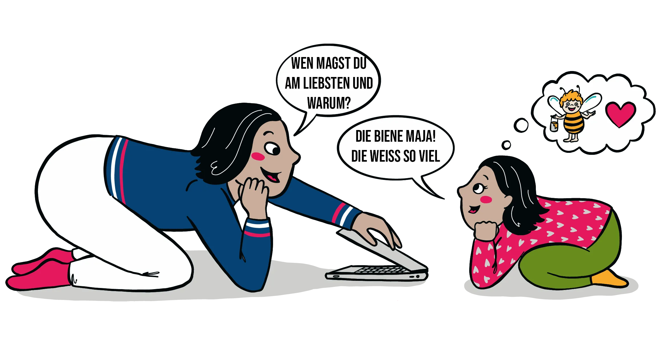 Illustration mit Aylin und ihrer Tochter Sara, die einen Film auf dem Laptop auswählen