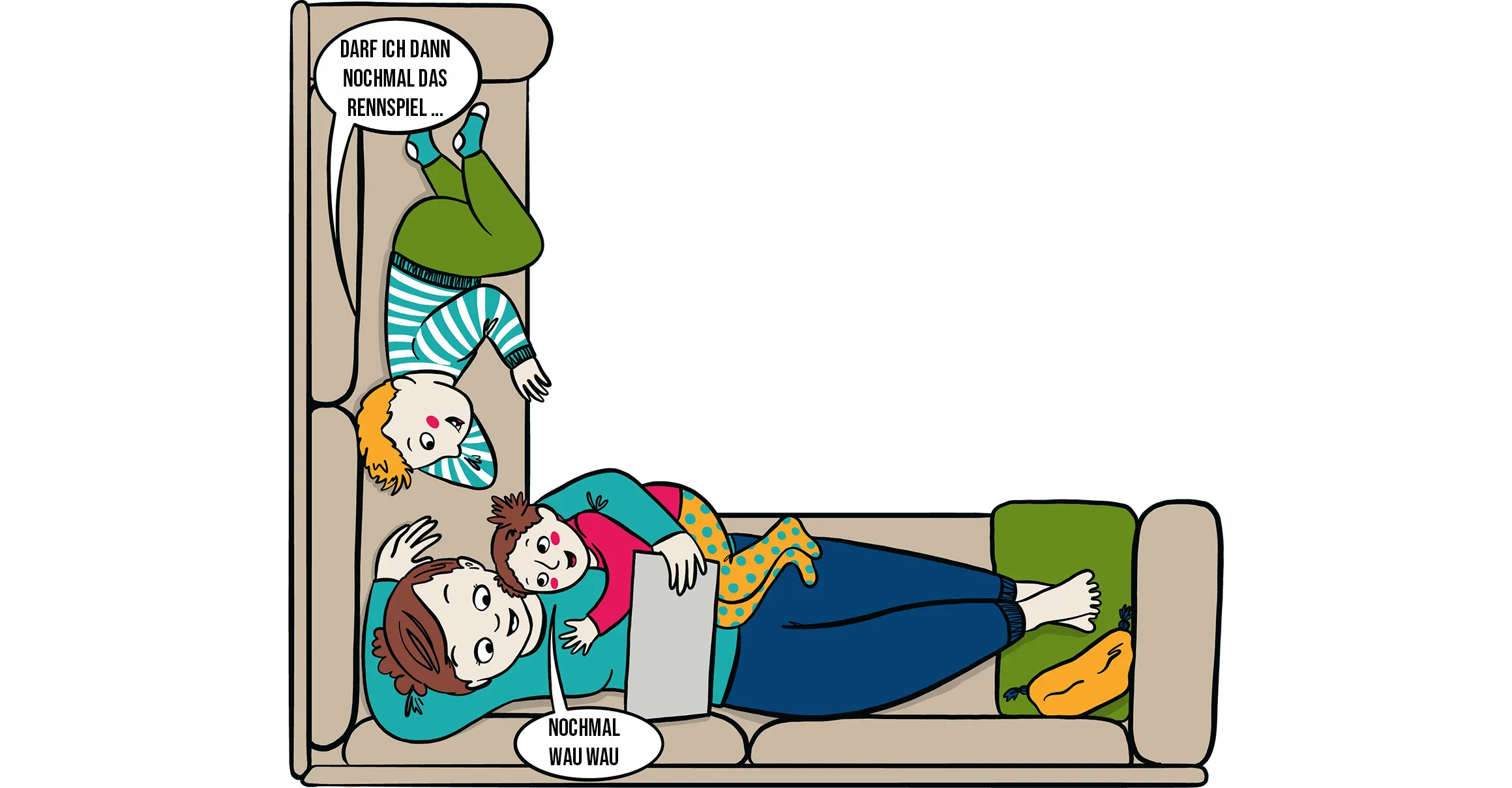 Illustration mit Anne mit ihren Kindern Leo und Katharina, die auf dem Sofa liegen und sich auf dem Tablet Familienfotos ansehen