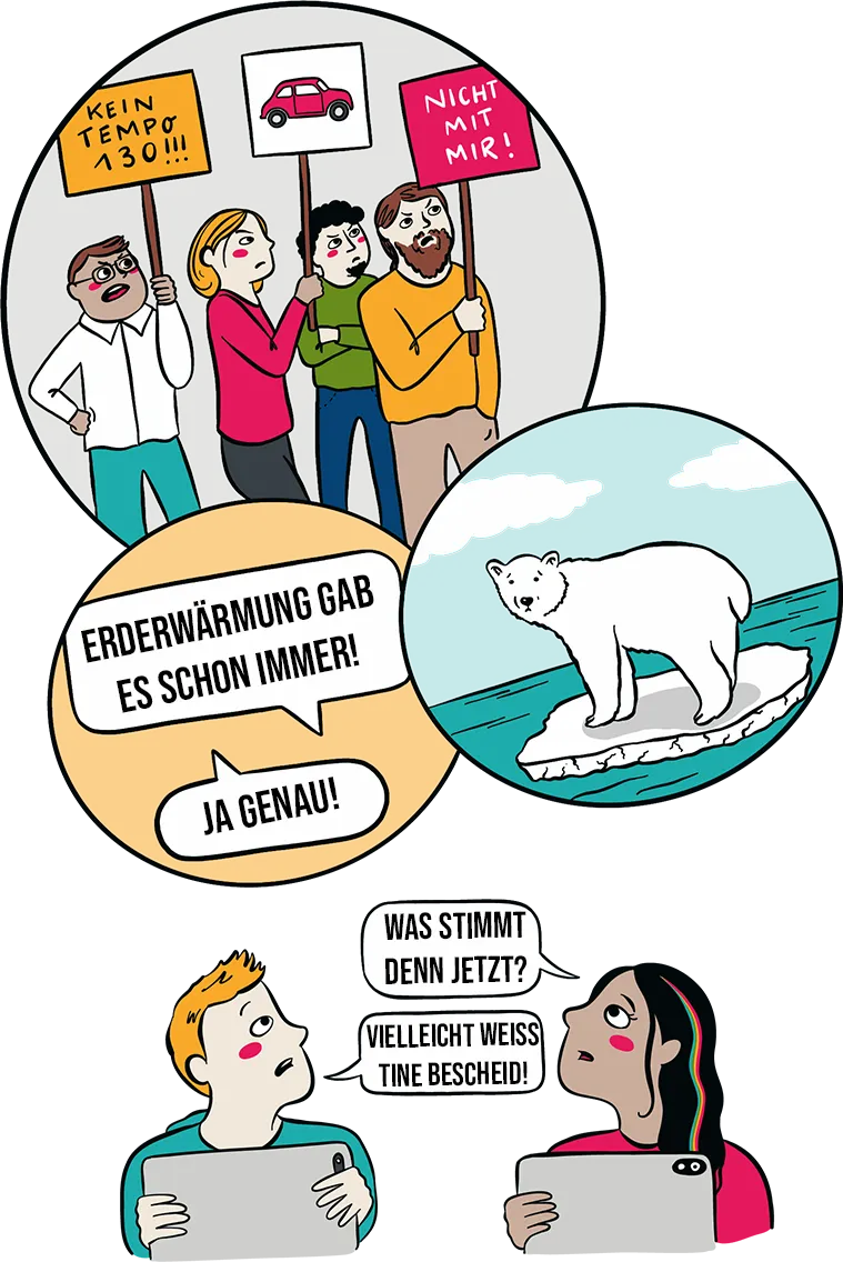 Illustration von Leo und Sara, die mit den Tablet auf Verschwörungstheorie stoßen