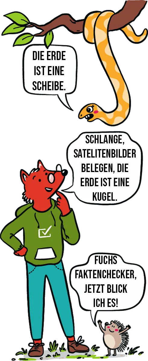 Illustration von einem Faktenfuchs, ein bösen Schlange und einem freudigen Igel