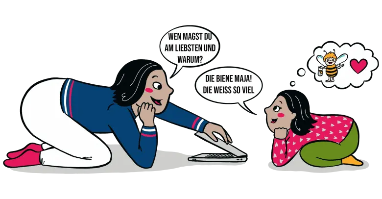 Illustration mit Aylin und ihrer Tochter Sara, die einen Film auf dem Laptop auswählen