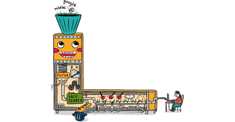 Illustration aus Medienbrief 2. Die Zeichnung zeigt eine Suchmaschine.