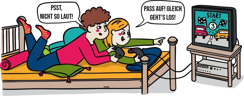 Illustration von Michi, der mit einer Freundin heimlich Videospiel spielt