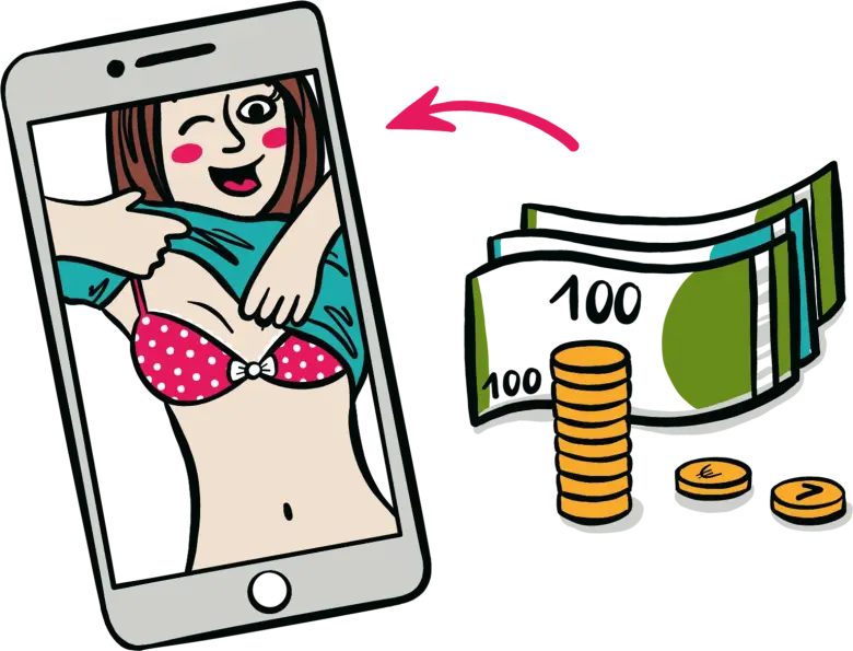 Illustration MB 3: Selfi von einem Mädchen im Bikini, daneben Geldscheine und Münzen